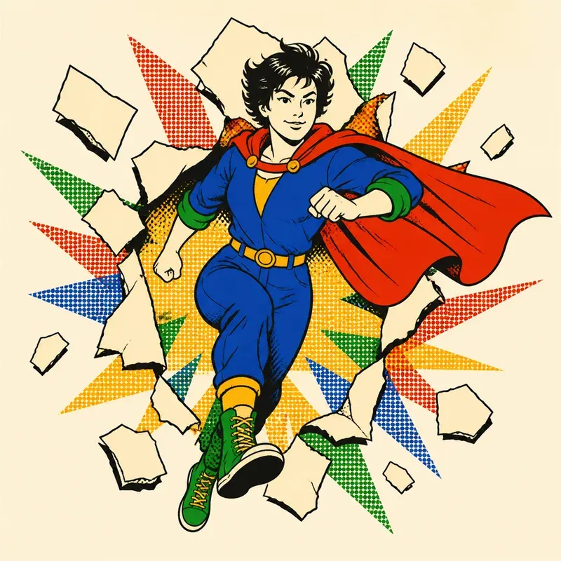Comic drawing of a caped figure bursting through a paper wall