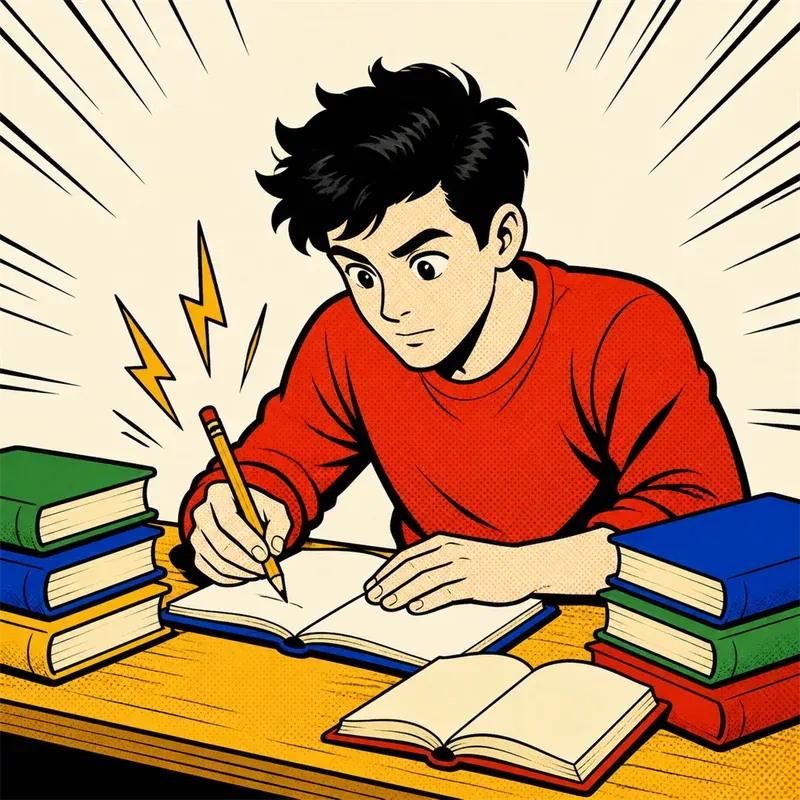 Comic drawing of a student at a desk stacked with books, pencil sparking