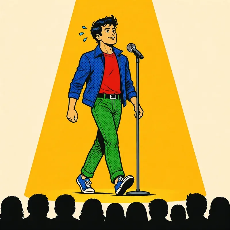 Comic drawing of a person stepping up to a stage microphone under a spotlight