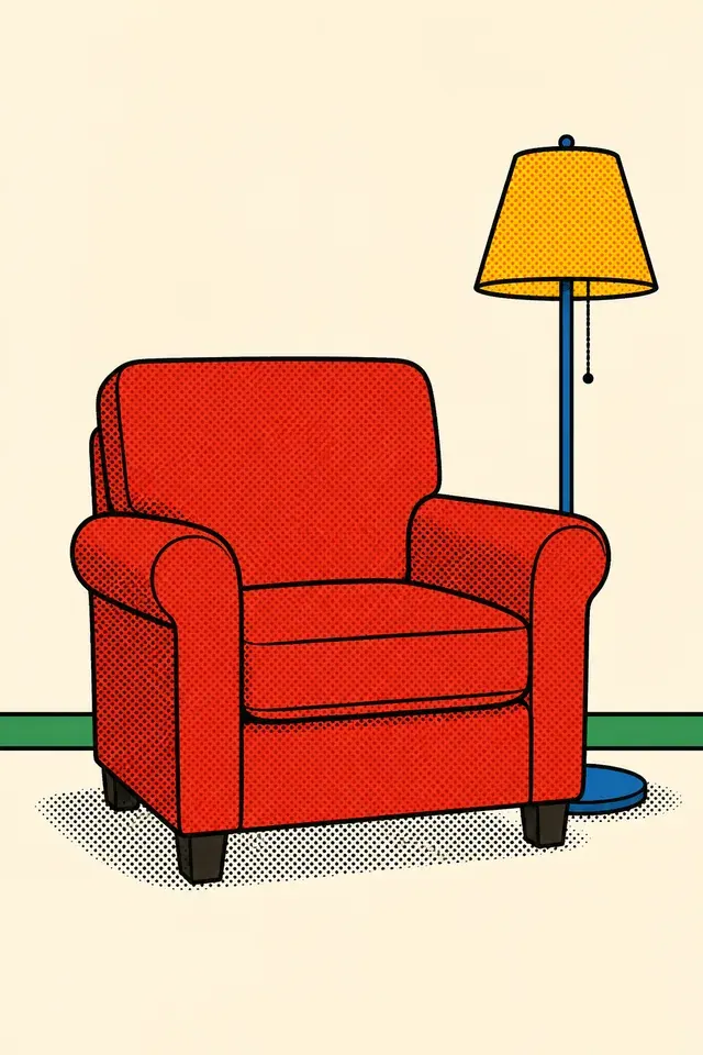Comic drawing of an ordinary armchair with a floor lamp