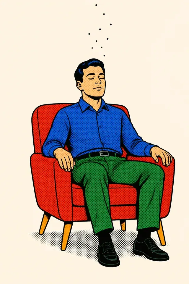 Comic drawing of a person seated with eyes closed, halftone dots drifting overhead