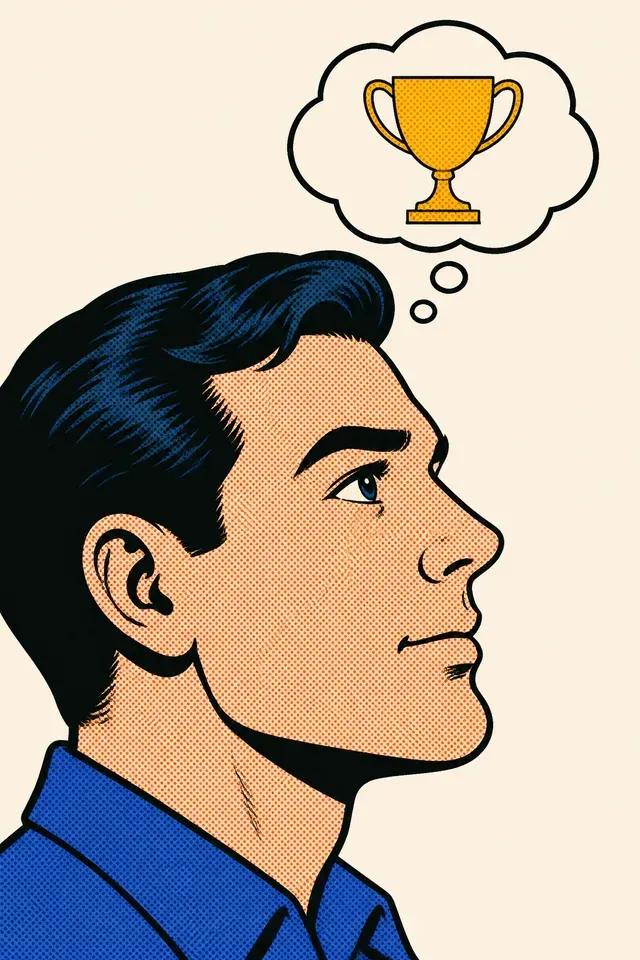 Comic drawing of a face in profile with a thought bubble holding a trophy