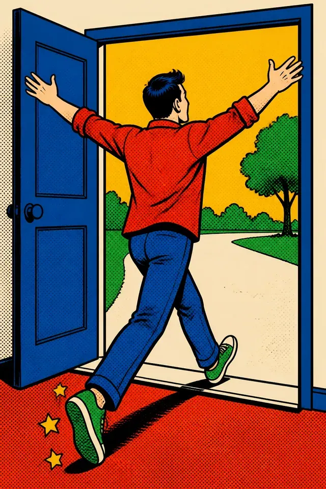 Comic drawing of a person striding out of a door into daylight